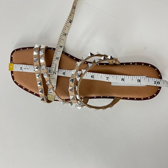 NWOT Sz 8.5 - Steve Madden Skyler Silver Stud 4-Strap Tan Slip-On Sandals - Picture 12 of 13